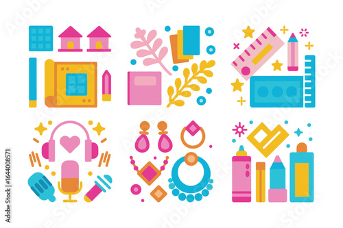 Collection of Creative Flat Design Icons with Vibrant Colors and Geometric Shapes Diverse Elements and Playful Composition