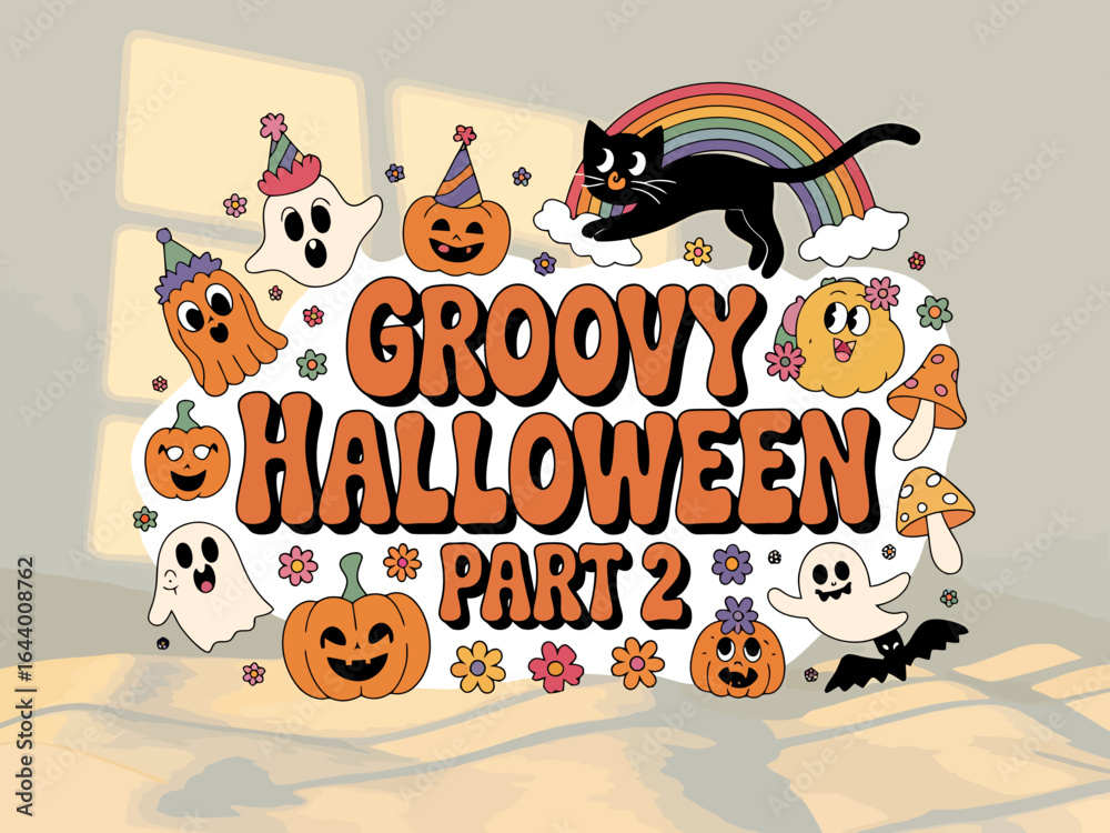 Fototapeta premium Groovy halloween party two retro design with cute characters