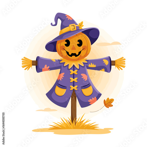 Friendly halloween scarecrow with pumpkin head and witch hat