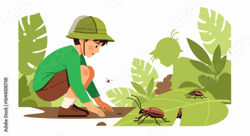 Boy discovering insects in nature illustration, engaging learning experience illustration for children and young explorers nature concept