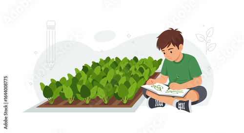 Boy Drawing in the Garden: A Peaceful Scene of Creativity and Nature Connection