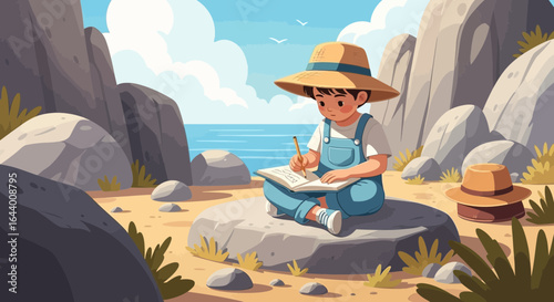 Boy drawing or writing in a notebook on a rocky beach under a bright sky scene