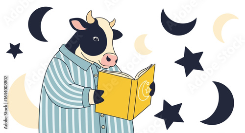 Cartoon cow reading a book surrounded by stars and moons, creating a whimsical bedtime scene