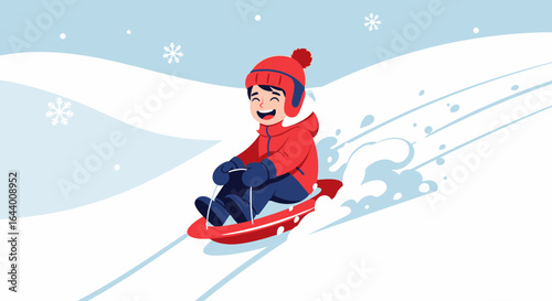 Boy Enjoying Sledding Adventure Down Snowy Slope In Wintertime Landscape