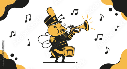 Animated bee musician playing trumpet in band uniform creating musical notes