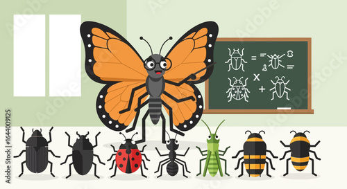 Animated butterfly teacher with insects as students in a classroom setting illustration