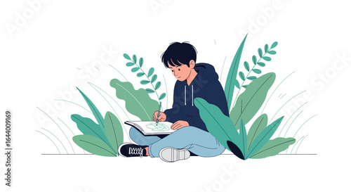 Boy immersed in his artistic creation, sketching surrounded by nature's embrace, a moment of focus and imagination in the outdoors
