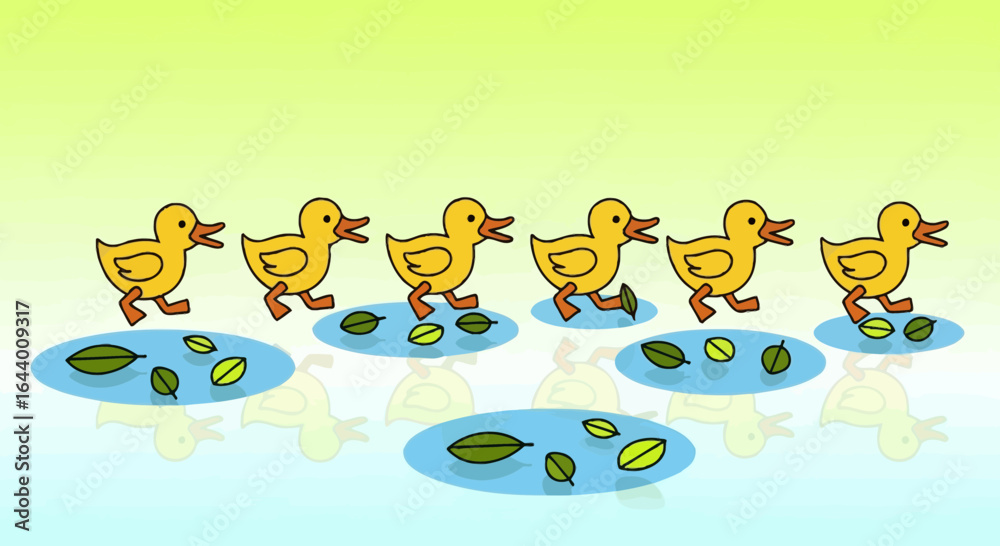 Fototapeta premium Animated Illustration of Ducklings Waddling Across Puddles with Fallen Leaves Minimalist Style