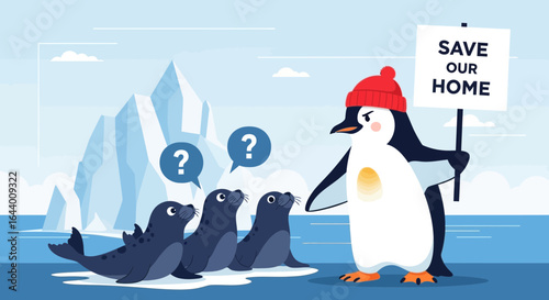 Animated penguin holding a sign for saving the environment with seals around it is a creative illustration about saving earth