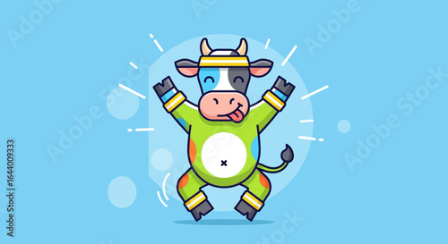 Cartoon Cow with Colorful Outfit and Playful Expression on a Light Blue Background
