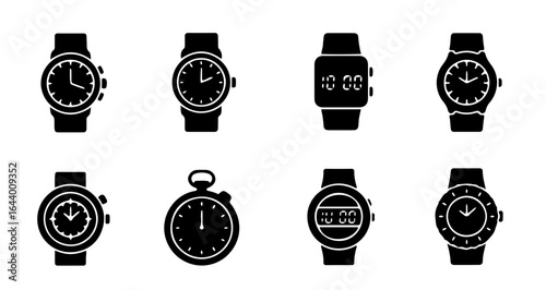 Clock solid black glyph icon set, vector pictograms representing various types, simple flat design for modern visual elements.