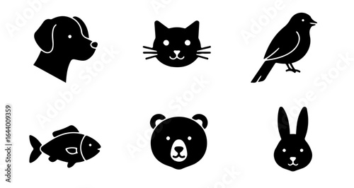 Set of solid black glyph icons of animals, vector pictograms representing various species, simple flat design for modern visual elements.