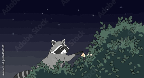 Animated raccoon foraging for food in a lush leafy tree against a starry night sky background