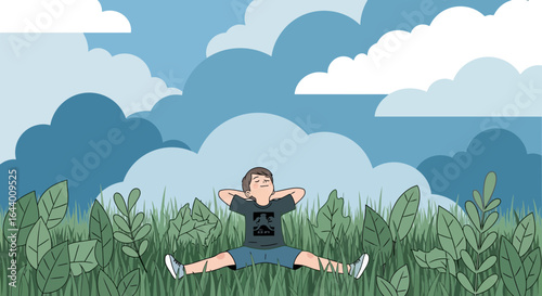 Boy lying on grass enjoying fresh air under blue sky and clouds vector illustration