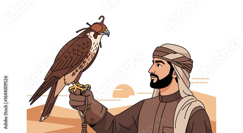 Arab man with falcon in traditional dress at sunset, representing falconry in middle east culture, desert hunting background