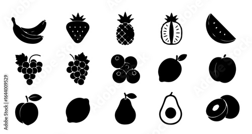 Fruit solid black glyph icon set, vector pictograms representing various types, simple flat design for modern visual elements.