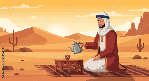 Arabian hospitality portrayed through a desert scene with tea ceremony and desert landscape