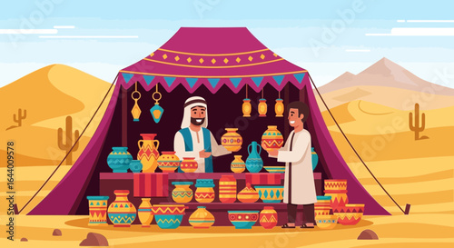 Arabian market scene with pottery trading in the desert landscape flat design style colorful and detailed illustration
