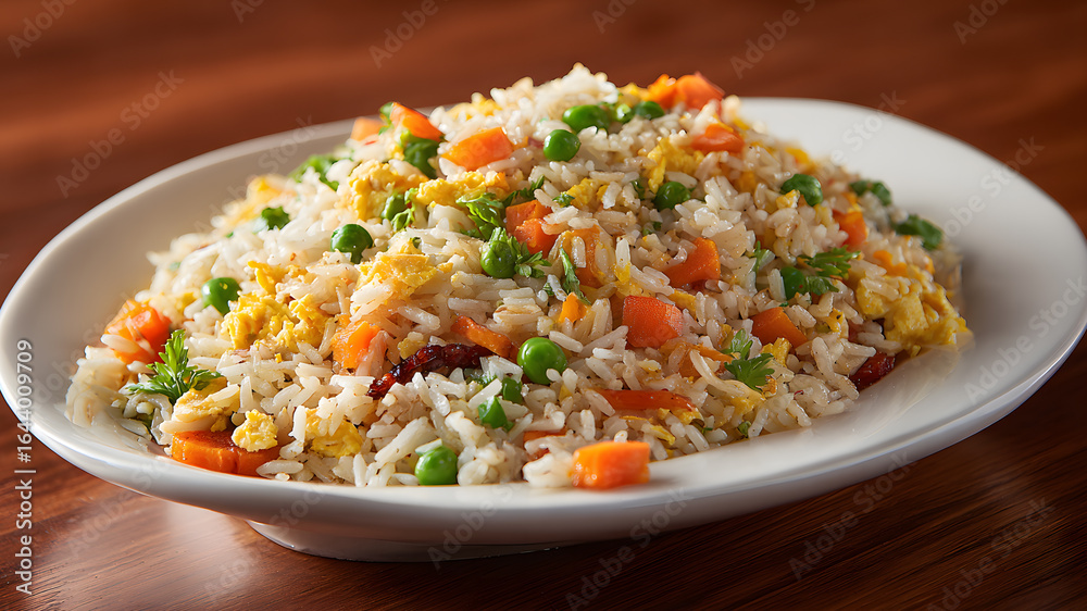 Ultra HD A plate of fried rice with colorful vegetables and egg, showcasing the delicious asian cuisine and its tasty ingredients, perfect for a satisfying meal at a restaurant Ultra HD A plate of fried rice with colorful vegetables and egg, showcasing the delicious asian cuisine and its tasty ingredients, perfect for a satisfying meal at a restaurant