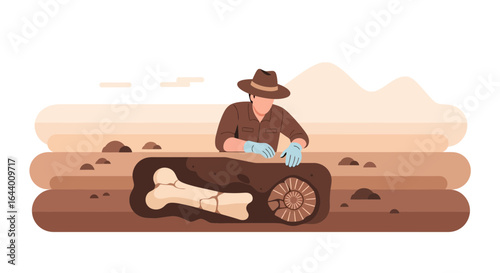 Archeologist discovering dinosaur fossils and ammonite in a desert excavation site searching for prehistoric life and paleontological finds
