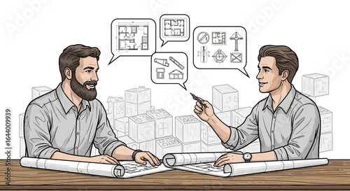 Architectural collaboration: Two designers discussing building plans and blueprints in a creative environment