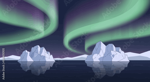Cartoon depiction of the aurora borealis and icebergs reflected in arctic waters