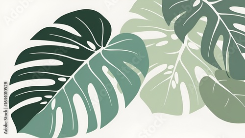 Minimalist Botanical Illustration of Large Monstera Leaf in Soft Green Tones on Light Background