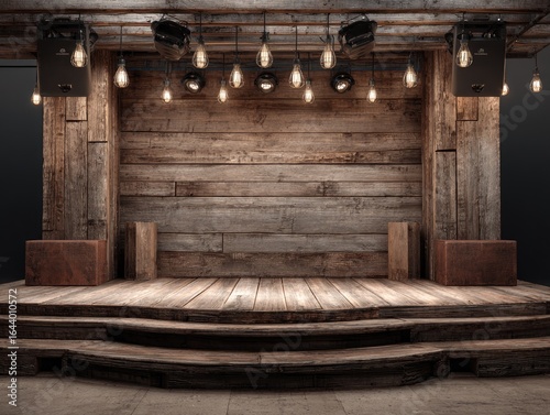 Rustic wooden stage with tiered platform, exposed beams, Edison bulb lighting, and aged speaker boxes flanking the sides