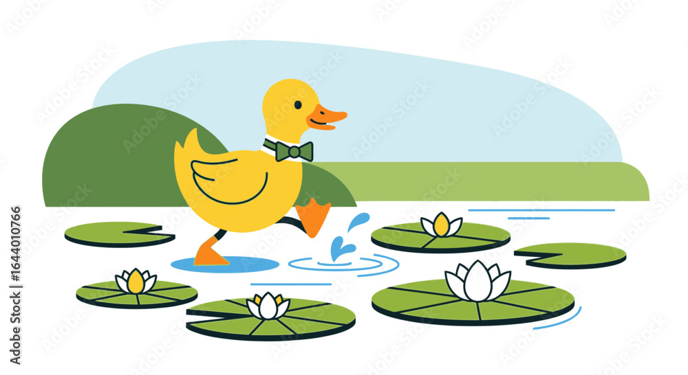 Fototapeta premium Cartoon duck with a bow tie walking across lily pads in a serene pond illustration
