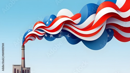 American flag smoke billowing from industrial chimney against a blue sky