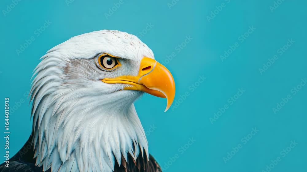 Close-up of a bald eagle's head against a blue backdrop, showcasing its detailed feathers and sharp gaze. Close-up of a bald eagle's head against a blue backdrop, showcasing its detailed feathers and sharp gaze.