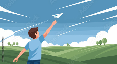 Boy throwing a paper airplane in a rural landscape, dreaming of future opportunities and success, reaching for the sky
