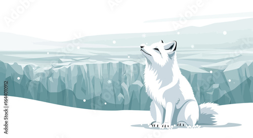 Arctic fox illustration with snowy landscape and icy cliff background design