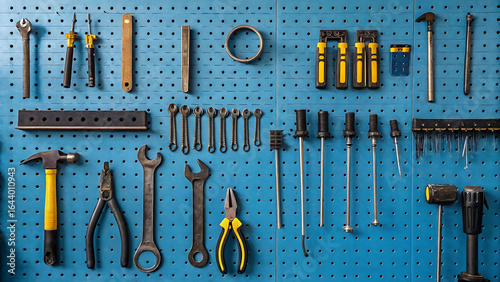 Various hand tools are neatly arranged on a blue pegboard wall