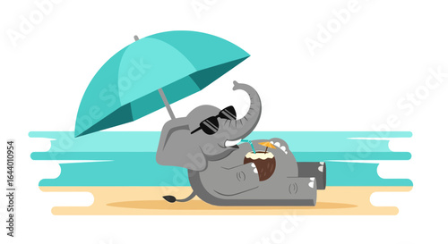 Cartoon elephant relaxing on the beach with cocktail under umbrella enjoying vacation