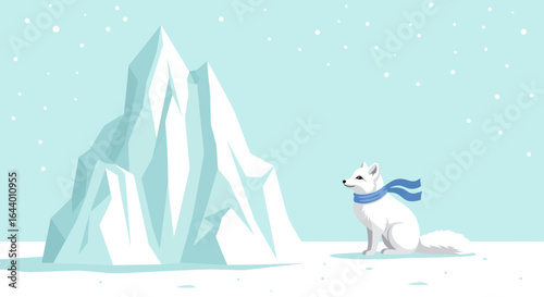 Arctic fox with blue scarf sits in a snowy winter landscape near an iceberg