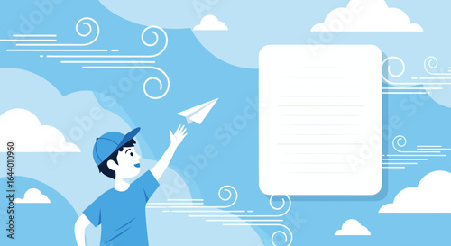 Boy with Paper Airplane on a Cloudy Sky Background with Text Area for Creative Content