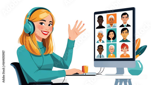 Woman on a Video Conference Call with Diverse Team