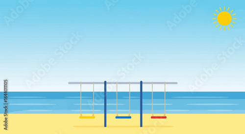 Bright Sunny Day At The Beach With Swings And Calm Ocean Waters