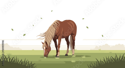Brown Horse Grazing Peacefully in a Green Field with Falling Leaves Illustration