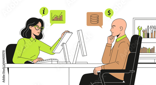 Business analysis and data management discussion between colleagues in the office setup data analytics and teamwork are key factors in workplace success