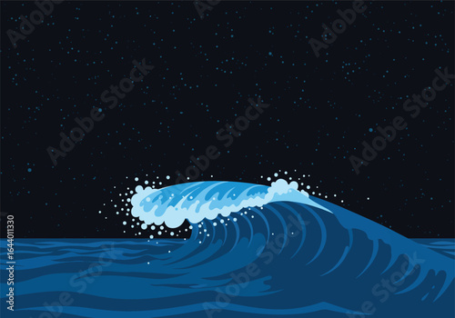 Mystic Ocean Wave Breaking Under Starry Sky A Serene Nightscape Illustration, Depicting Calm Waters and Cosmic Wonder
