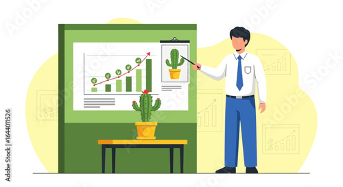 Businessman presenting growth chart with cactus representing sustainable business development and adaptation to challenging environments