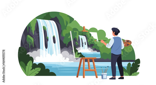 Artist painting a waterfall landscape in nature capturing the beauty of nature outdoors creatively expressing himself in a tranquil setting