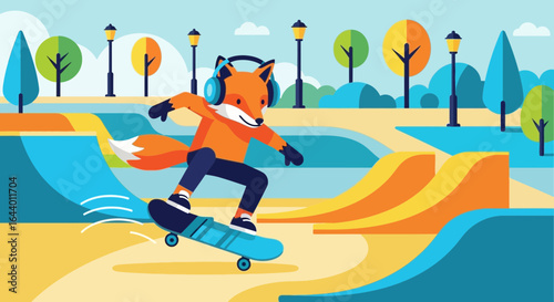 Cartoon fox skateboarding at a skatepark illustration with trees and streetlights, wearing headphones