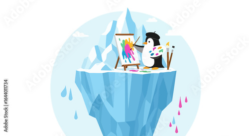 Artistic penguin painting on an iceberg creative illustration concept background with ice and snow creative illustration concept
