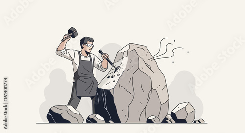 Artistic Stone Sculptor: Cartoon Illustration of a Craftsman Carving with Precision