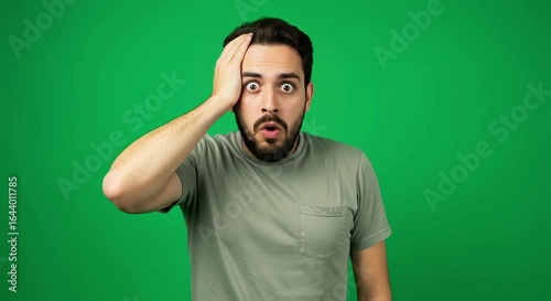 Man acting out mind blown expression with hands at temples and comic head shaking on green screen, generative ai