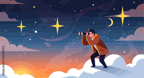 Aspiration and Vision: Man on Cloud Gazing at Stars with Binoculars in Night Sky