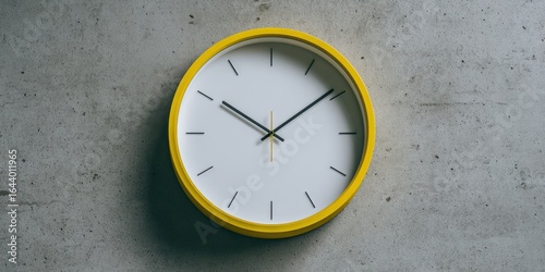 The modern yellow clock on a minimalist concrete wall.